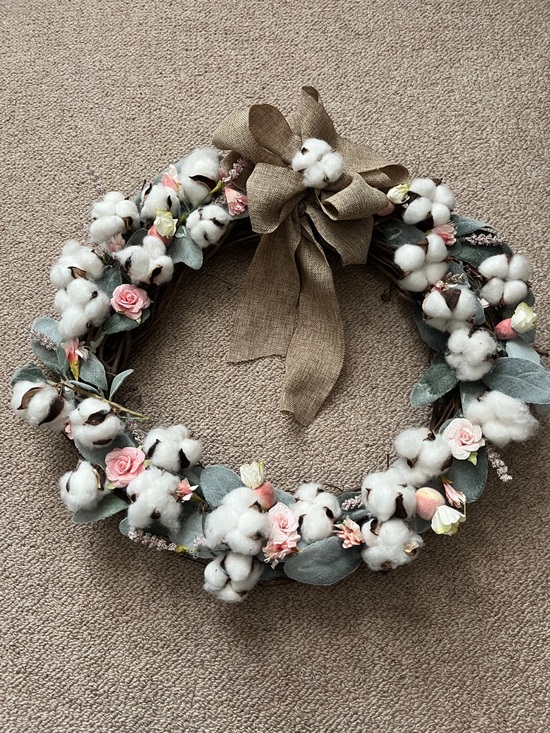 Handmade Other - Cotton & Rose Spring Wreath with Burlap Bow